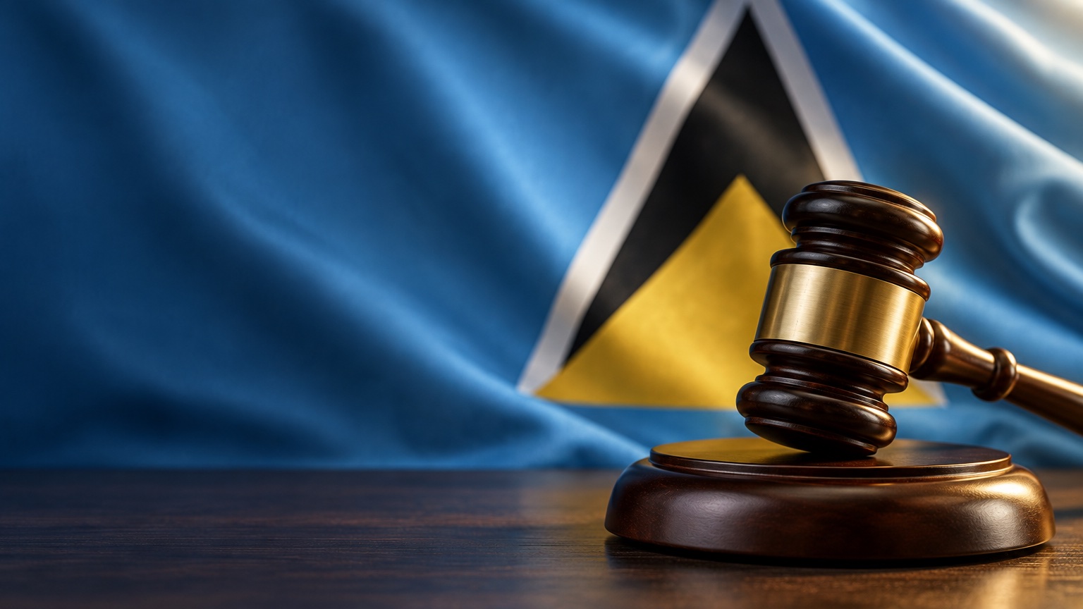 A judge's gavel in front of the flag of Saint Lucia