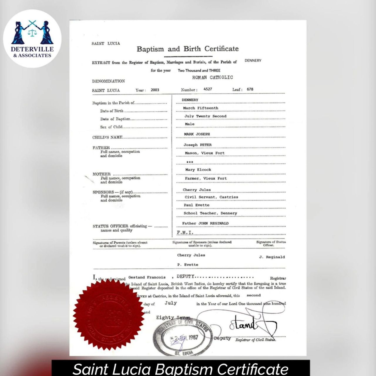 A Saint Lucia baptism certificate