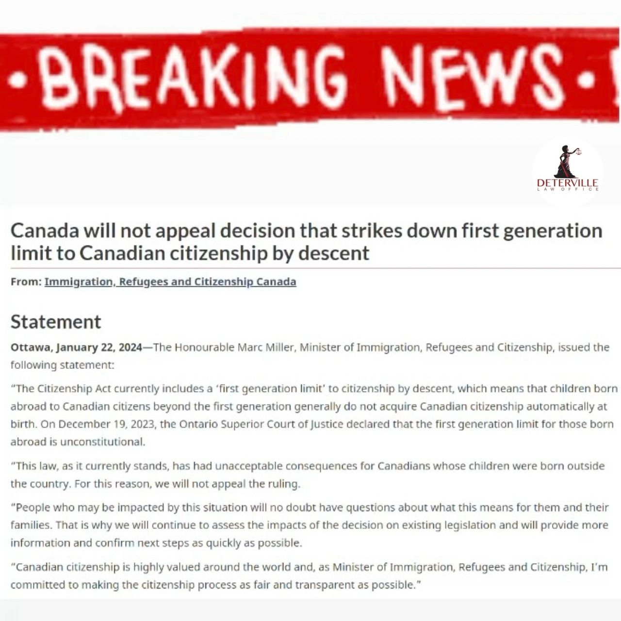Announcement that Canada will not appeal the decision on the first-generation limit